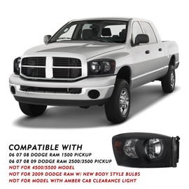 TUSDAR Headlight Assembly Set Fits for 2006-2008 Dodge Ram 1500/2006-2009 Dodge Ram 2500/3500 Pickup Driver and Passenger Side Bulbs Included, Black Housing Smoked Lens & Amber Reflector