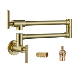 Pot Filler Faucet Gold Wall Mount Kitchen Faucet Folding Double Joint Swing Arm Pot Filler Rotatable Wall FaucetColor: Gold, Surface Finishing: Gold