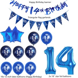 Blue Garland 14th Birthday Banner + Triangle Flags + Balloons Number 14 + 8 Pieces 14 Birthday Balloons 14th Birthday Decoration for Boy, Decoration 14th Birthday Boy Birthday Decoration 14 Years Boy