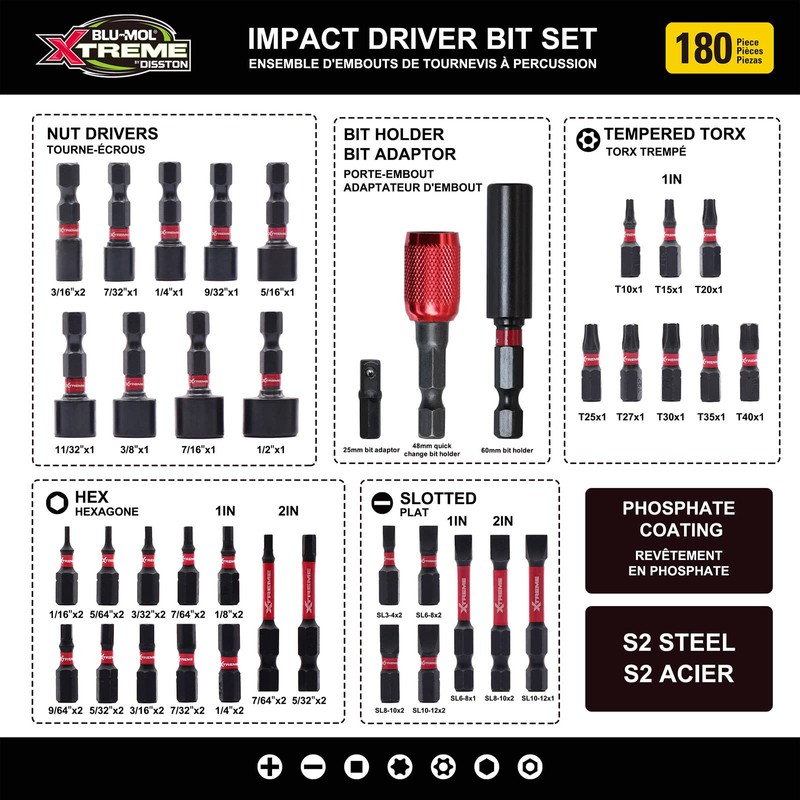 Disston BLU-MOL Xtreme 180 Piece Impact Driver/Screwdriver Bit Set E0100501