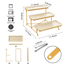 YOLIFE 3 Tier Serving Tray for Party, Display Fruit Dessert Tiered Tray Stand, 12 inch Beige Platters with Collapsible Sturdier Gold Iron Rack