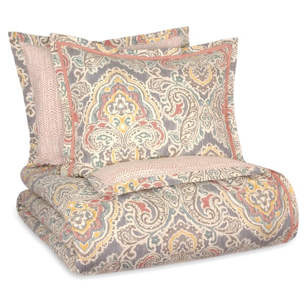 Waverly Artisanal-Ikat Modern Farmhouse Damask 4-Piece Reversible Comforter Set, Queen, Mineral