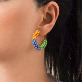 Jinxiuge 2 Pair Beaded Hoop Earrings Boho Flower Round Earrings Women's Handmade Earrings Set