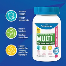Progressive Health Progressive Advanced Daily Multivitamin for Active Women, with DIM, Chastetree, Maca, and Ashwagandha. Supports Immune Health, Healthy Estrogen Balance, and Energy, 100% Complete, Canadian-Made, 60 Count