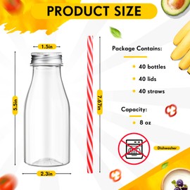 Irenare 40 Sets Plastic Small Milk Bottles with Straws and Metal Lids Clear Plastic Bottle for Dairy Milk Party Bottle for Milk Juices Shakes Smoothies, 40 Bottles and 40 Straws (Silver,8 oz)