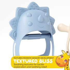 Paquete de 2 mordedores para bebés, mordedores portátiles, mordedores de mano - Pequeño pollito y Mini dinosaurio - Juguete para bebé azul y beige, ju