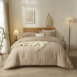 AMWAN Khaki Comforter Set King Size 3 Piece Farmhouse Khaki Bedding Set & Collections All Seasons Down Alternative Comforter Set Soft Fluffy Bed Set for Men Women 1 King Comforter with 2 Pillowcases