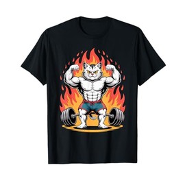 Buff Cat Gym Meme Flexing with Fire Funny Muscular Cartoon T-Shirt
