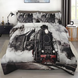 Zzzboro Comforter Set with Pillowcase Twin Size, Vintage Black White Steam Train, Bed Decor Retro Locomotive Railway Track Transport for Kids and Adults, Soft Cozy Bedroom Bedding Set