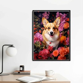 YEEIFFD 5D Diamond Painting Kits by Number for Adults Corgi Flowers Diamond Art Full Round Drill Crystal Rhinestone Embroidery Cross Stitch Craft Kits for Home Wall Decor Gift 30x40cm