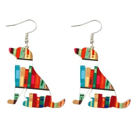 Cute Bookshelf Dog Earrings for Women Book Lovers Animal Funny Pendant Jewelry Gifts for Teachers Graduation School, M, Alloy Steel, No Gemstone