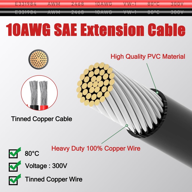 Magiktech 3/6/12/25/50 FT SAE to SAE Extension Cable 10AWG,10 Gauge