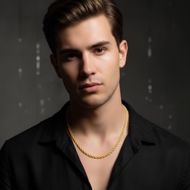 Fiusem 18K Gold Plated Necklace for Men, 3mm Mens Chain Necklace, 18K Gold Plated Stainless Steel Rope Chain 18 Inch