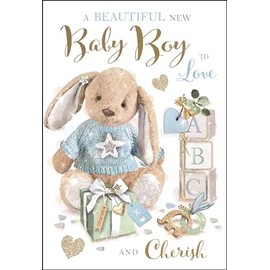 Jonny Javelin New Baby Boy Birth Congratulations Card - Beautiful New Baby Boy - Bunny Rabbit and Toys - Special Finishes and Illustrated Insert Leaf - Made in the UK,197 x 133mm