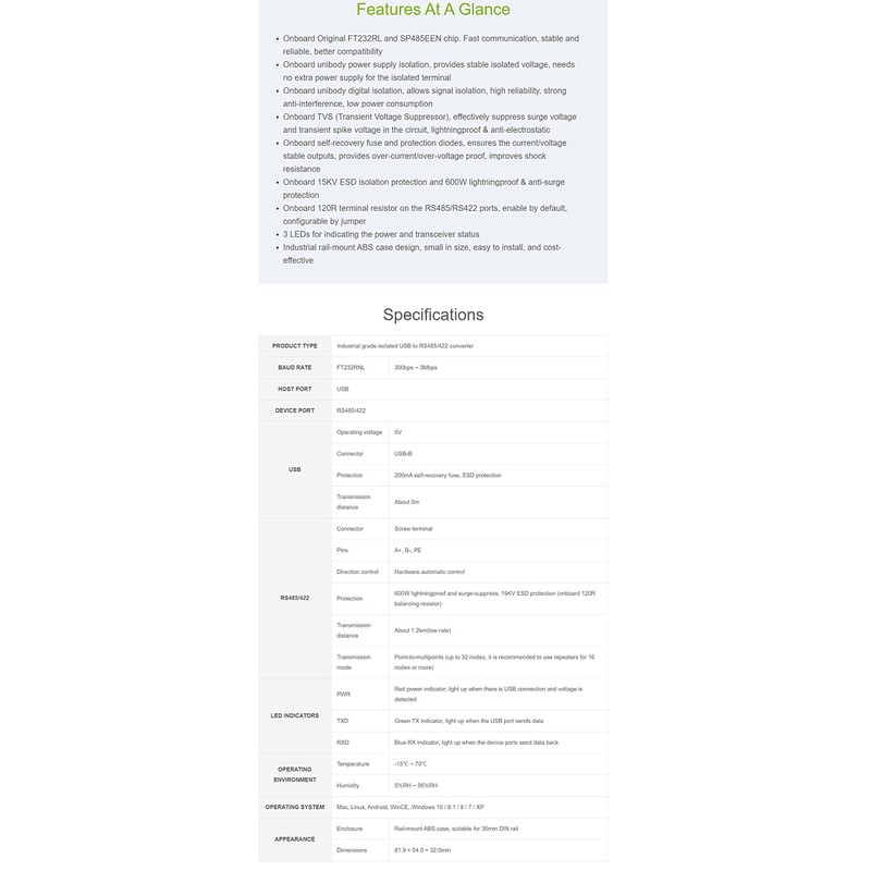 coolwell Industrial Grade Isolated USB to RS485/422 Converter, with Original