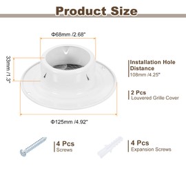 uxcell 2 Pcs Stainless Steel Air Vents, 2.7 Inch Louvered Grille Cover Round Soffit Flat Ducting Air Vent Built-in Fly Screen Mesh with Screws for Bathroom Attic Ventilation, White