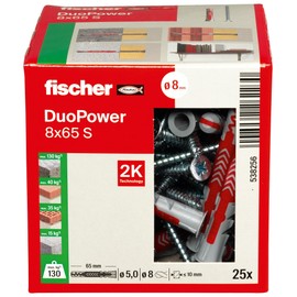 Fischer DuoPower 8 x 65 S, Powerful Universal Plug with Safety Screw, Intelligent 2-Component Technology for fastenings in Concrete, Bricks, Stone, etc., 25 Plugs & 25 Screws