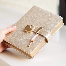 CAGIE Diary with Lock and Key for Girls Ages 8-12 Journal with Lock 296 Gold Edged Pages Heart-Shaped Locked Journal for Women Teen Girls with Gift Box, 5.3 x 7 Inch, Gold