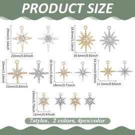 PH PandaHall 7 Styles Star Charms 56pcs Cubic Zirconia Charms Golden Pave Charms Platinum North Star Pendants Bulk Rhinestone Star Charms Shiny Star Dangle Charms for Jewelry Making Necklace Bracelet
