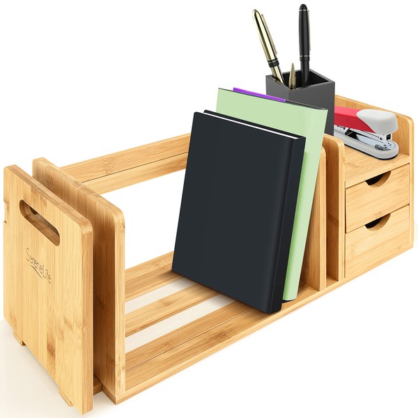 SereneLife Bamboo Wood Expandable Desk Organizer - Desktop Tabletop Organic Wooden Filing Organization Bookshelf w/Storage Drawer, for Book, Home Office File, Paper, Supplies, Cookbook SLDCAB180