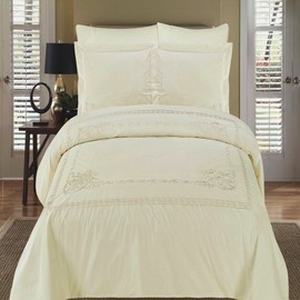 Royal Bedding Athena Ivory Embroidered 3-Piece Full/Queen Duvet Cover Set 100% Cotton 300 Thread Count