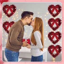 Red Valentine Heart Wreaths for Front Door Heart Shaped Wreath Tinsel Heart Decor with Bowknot 12 Inch Hanging Valentine's Day Wreath for Anniversary Wedding Wall Window Mantel (6 Pieces)
