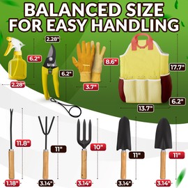 Garden Tools Set of 9 - Rust-Proof Steel Gardening Tools with Solid Wood Handles, Portable Multipocket Bag, and Protective Gloves - Versatile Gardening Supplies for Planting, Trimming, and Clearance