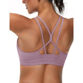 MAGCOMSEN Womens Strappy Back Sports Bra with Padding Low Impact Breathable Wireless for Yoga Workout Fitness Grayish Purple,L