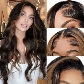 SUKRI SUKRI Brown Highlight Wigs for Women 13X4 Black and Brown Synthetic Lace Front Wig 26 Inch Long Wavy Wigs with Baby Hair Pre Pluck Highlight Wig Natural Daily Use