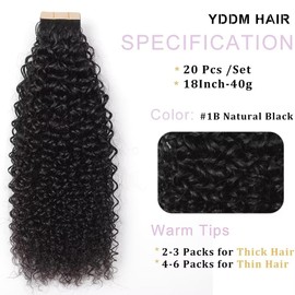 YDDM Kinky Curly Tape in Hair Extensions，Tape in Hair Extensions Human Hair Black Women，Tape in Hair Extensions Human Hair Kinky Curly Tape in Extensions 18inch 20Pcs 40g