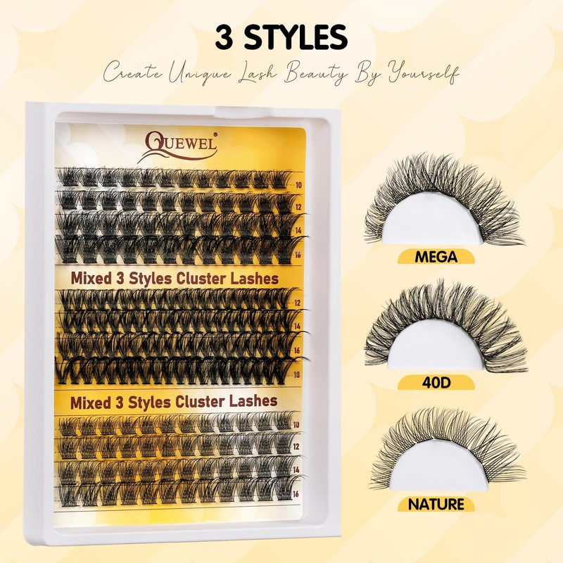 QUEWEL Lash-Cluster Kit 176Pcs D Curl Mixed 3 Styles Eyelashes-Individual