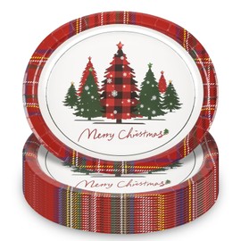 50Pcs Christmas Paper Plates Christmas Tree Oval Plates Heavy Duty Christmas Red Buffalo Plaid Plates Christmas Disposable Dinnerware Serving Tray for Christmas Holiday Party,Gift 10 x 12 Inch