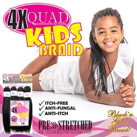 BNG QUAD Kids Pre-Stretched Braiding Hair, 16 inch 3 Pack 12 Bundles Synthetic Fiber Crochet Braids, Itch Free Synthetic Hair Extensions, Quick Weave Hair Bundles(#T1B/30 Off Black/Auburn)