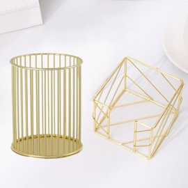 4every 2Pcs ( Square + Circle ) Post Note Holder + Pen Holders,Gold Metal suit for Desk Memo、tableware、flowers、marker pencil Storage,Home Office Supplies and Accessories,Makeup Brushes Cup