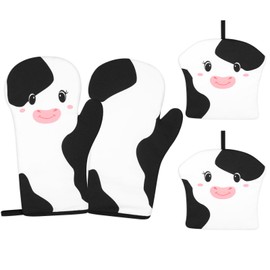 Leokawin Oven Mitts,Oven Mitts and Pot Holders 4 Pcs Sets,Cute Cow Oven Gloves Heat Resistant with Hanging Loop, Oven Mit and Hot Pads Potholders with Cotton for Cooking Baking (White)
