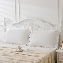 Shabby Off White Ruffle Pillow Shams Standard Size Set of 2, Washed Cotton Farmhouse Pillowcases Pillow Cover 26"x20" White