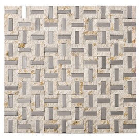 TMSG-17 Maze Basket Weave Light Emperador Slate Stone and Stainless Steel Backsplash Mosaic Tile Sheet-Kitchen and Bath backsplash Wall Tile (10 Sheets)