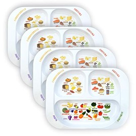 Kidâs Healthy Learning Plate | Divided Portion Control for Toddlers & Children | Learn Nutrition & Food Groups | Colourful Sections for Fussy Eaters | Child-Friendly Melamine, Dishwasher-Safe (4 Pack)
