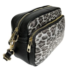 Handbag Bliss Womens Animal Print Camera Bag Double Compartment Crossbody Shoulder Italian Leather Handbag Medium Size (Silver Metallic Leopard Print)