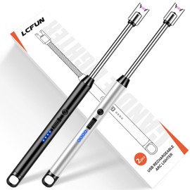 LcFun Candle Lighter Electric Arc Windproof Lighters, USB Rechargeable Lighter with LED Battery Display, 2 Pack Flameless Long Lighters for Candle Grill BBQ Camping Fireplace Stove (Black & Silver)