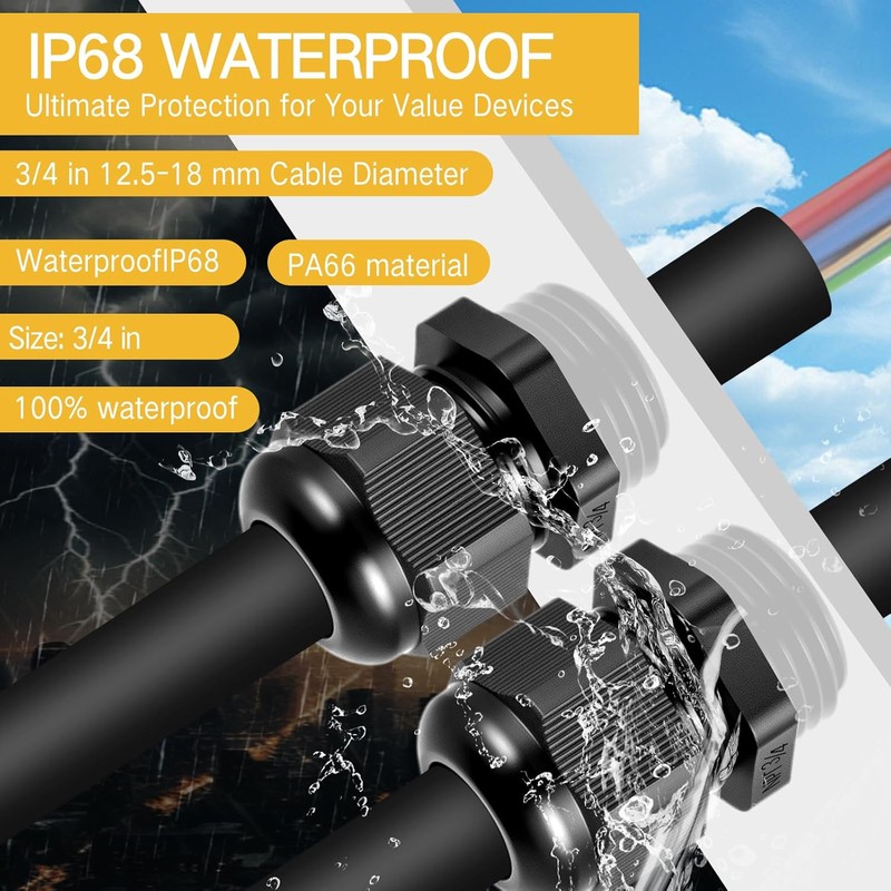 200 Pcs 1/2" NPT Black Nylon Cable Gland, Waterproof IP68