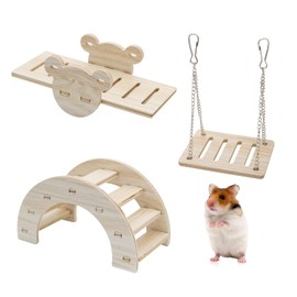 LuckyOpt 3 Pieces Hamster Toy, Wooden Hamster Swing & Bridge & Seesaw, DIY Hamster Cage Accessories Boredom Breaker Activity Toy for Hamsters Rodents Gerbils Guinea Pigs (Log Colour)