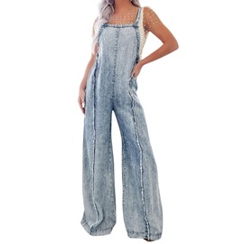 CHARTOU Women Loose Fit Denim Jumpsuit Adjustable Straps Wide Leg Long Pants Frayed Jean Overalls (Medium, Blue)