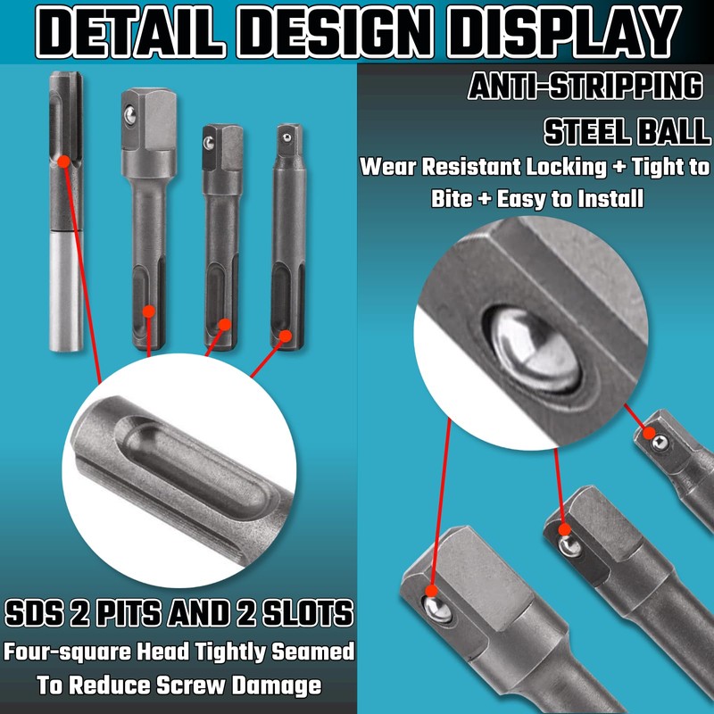 HuGuWdy SDS Plus Socket Adapter Set 4Pcs,1/4"" Hex Socket Adaptor