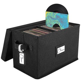 Vinyl Record Storage Box for 7"/45 RPM LPs, Black Case with Lid Holds up to 80 Albums, CD Crate Play Music Collection Holder, Collapsible File Folder Cabinet Organizer with Handle