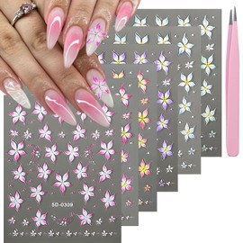 YOSOMMK Flower Nail Stickers for Nail Art 5D Embossed Nail Decals Spring Summer Lily Nail Decoration for Women Nail Design 3D Self Adhesive Pink Blue Green Flower Nail Supplies