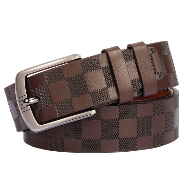 Men's Leather Checkered Pattern Belt with Silver Buckle, Classic Design