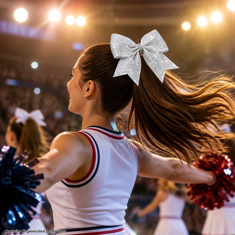 White Cheer Bow, Glitter Shimmer Shiny Rhinestones Cheerleading Hair Bow
