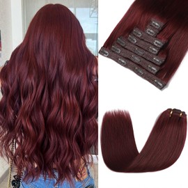 Rimoss Clip in Hair Extensions Real Human Hair, Soft Burgundy Red Hair Extensions Real Human Hair Clip ins Straight, Premium Thick 7pcs Remy Human Hair Clip in Extensions for Women (#99J 18 Inch)