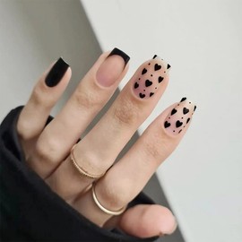 Short Press on Nails with Black Heart Design Valentine Fake Nails Black French Nail Tips Medium Square Nail for Women Girls Acrylic False Nail Kits Static Stick on Nails Reusable Full Cover 24Pcs